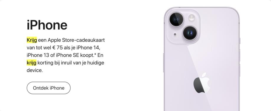 Een stukje tekst uit de actiepagina van Apple: twee keer 'krijg' in het paragraafje over de iPhone.